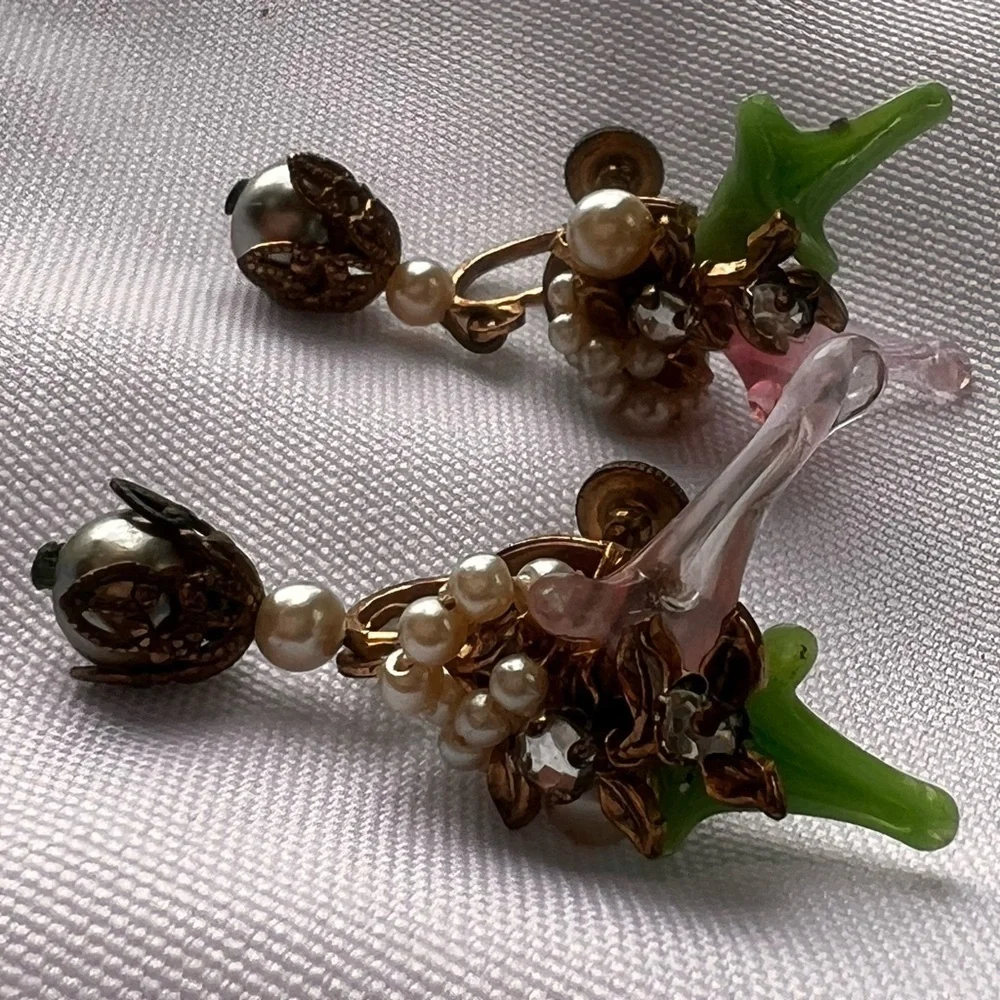 Vintage Rare Early Miriam Haskell Robert Brass Filigree glass leaf Earrings Set
